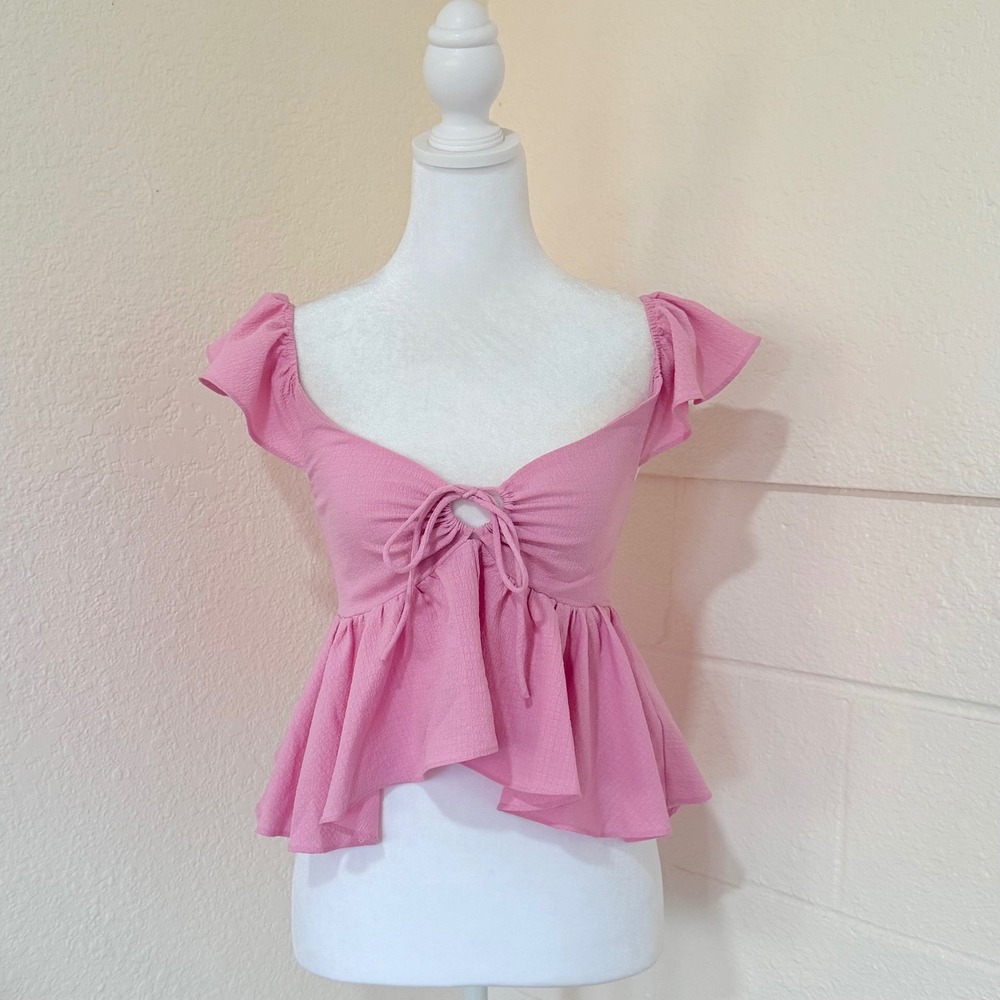 Urban Outfitters Peplum Top Womens Small Pink‎ Flutter Sleeve Tie Front Babydoll